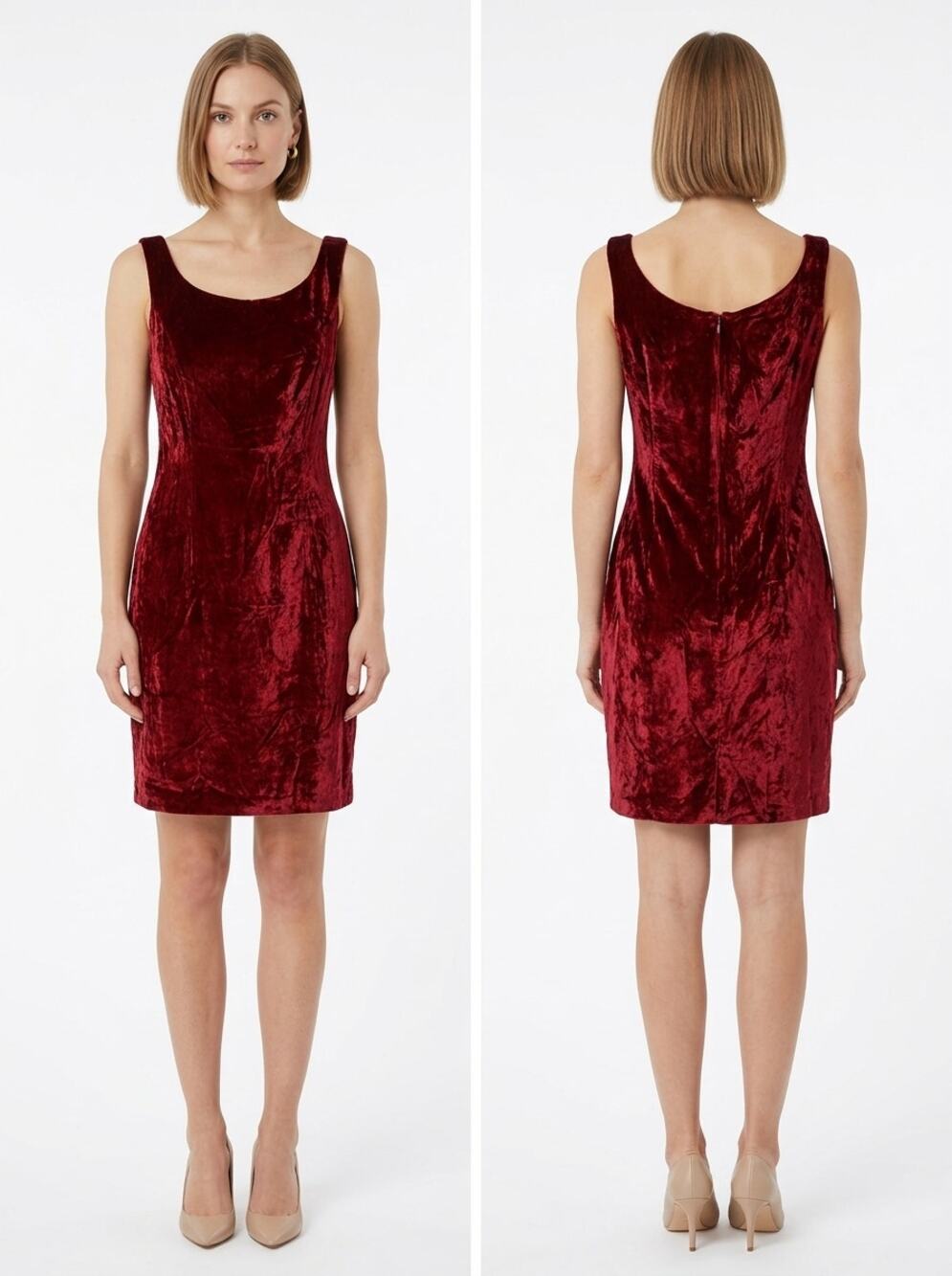 Monsoon Red Crushed Velvet Sleeveless Scoop Neck Sheath Dress Women Size 8